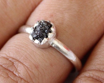 Raw Black diamond ring, Dainty Silver ring, April Birthstone Ring, Wedding Anniversary Ring, Engagement Gift, Bridesmaid Gift, Gift for mom