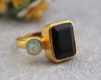 Anillo de ónix negro, anillo de oro de 14 quilates, anillo bohemio rectangular de dos piedras, joyería hecha a mano para mujer, regalo para esposa.