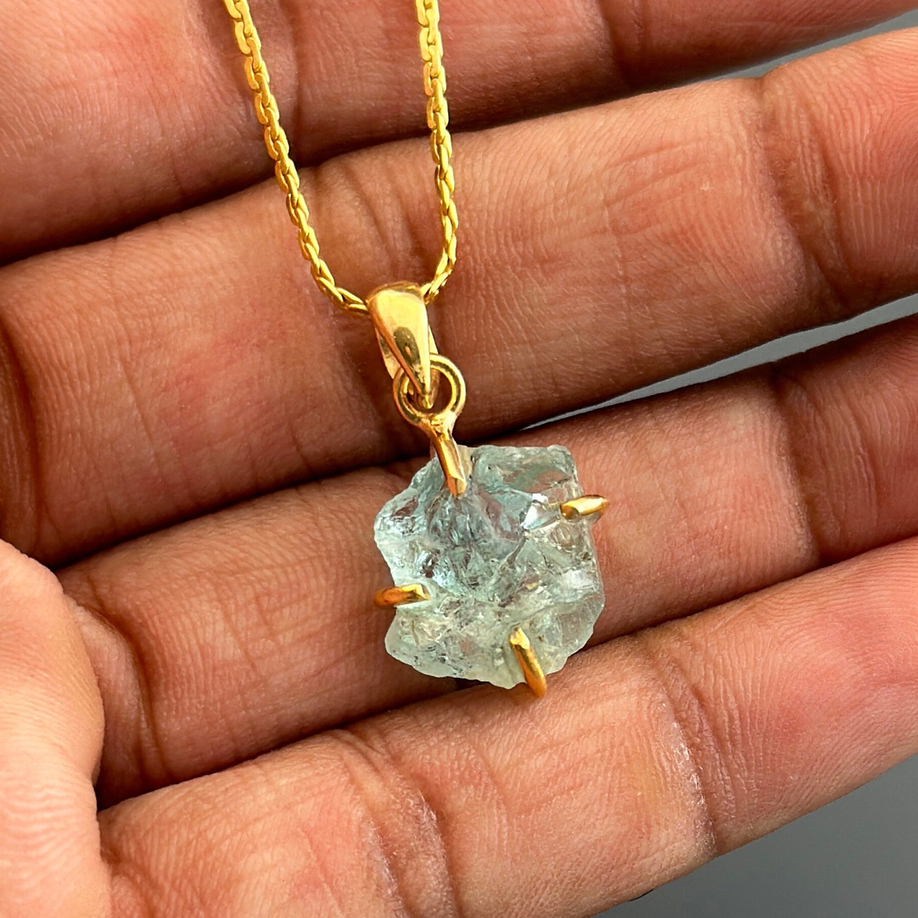 Raw Aquamarine Necklace Gold Crystal Necklace Rough - Etsy Israel