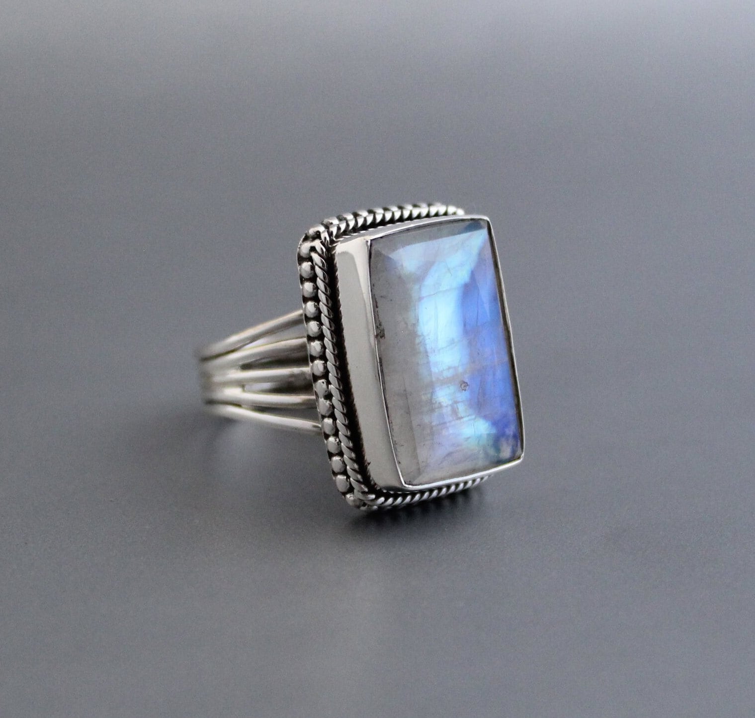 Rainbow Moonstone Ring: Sterling Silver Boho Wedding Jewelry