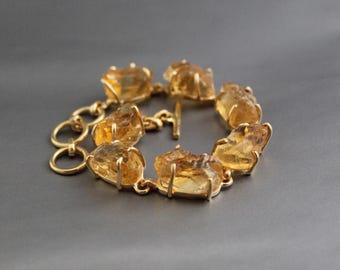 Raw Citrine Bracelet: 18K Gold Sterling Silver November Birthstone