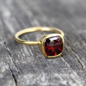 Handmade Cushion Garnet Ring: 14k Gold Plated Sterling Silver