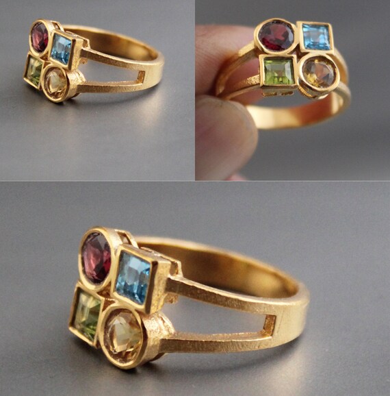 繊細な18Kゴールドマルチストーンリング：シトリン、ペリドット