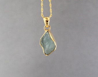 Raw Aquamarine Necklace: Sterling Silver March Birthstone Pendant