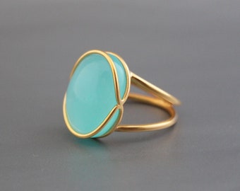 Aqua Chalcedony Ring, 18K Gold Ring,  Oval ring,  925 Sterling Silver Ring,  Gemstone Ring,  Gold Rings for women,  Promise Ring for her