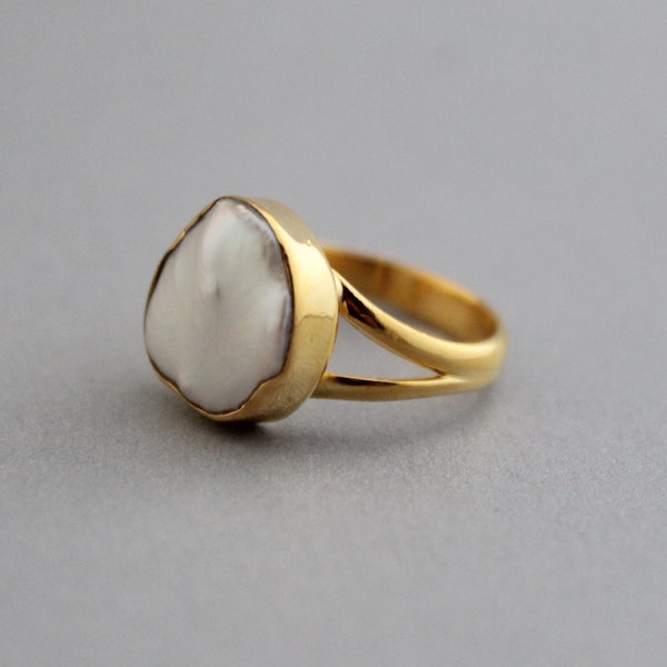 Natural Pearl Ring, Pebble Pearl Ring, 14K Gold Ring, Genuine Pearl Ring, Bridesmaid Gift, Handmade, Boho Statement, Jewelry, Minimalist
