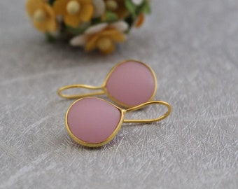 Pink Chalcedony Earrings, Summer Jewelry, Pink Stone Earrings, Minimalist earrings for her, Dainty Gold Earrings, Bridal Jewelry, Handmade