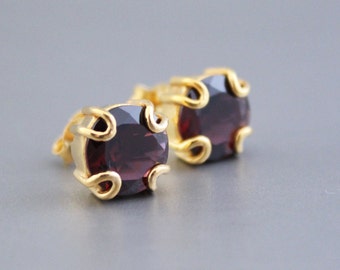Pendientes de granate, pendientes de oro de 18 quilates y plata de ley, joyería con la piedra natal de enero, regalo para ella.