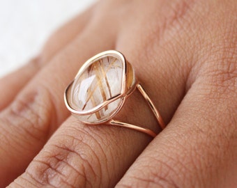 Golden rutile ring, Golden rutilated quartz, Rutilated Quartz Ring, Dainty Gold Ring, Sterling Silver Ring, Ring for women, Classic Jewelry