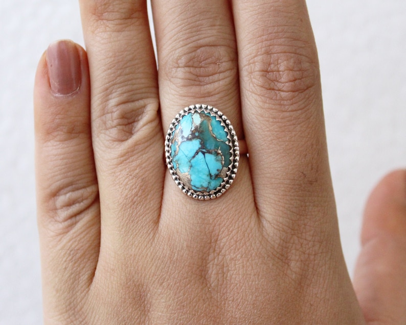 Gemstone ring Statement Ring Copper Turquoise Ring Boho Ring Turquoise Ring Gift for Her 925 Sterling Silver Ring