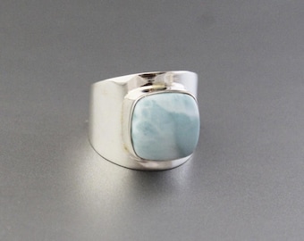 Natural Larimar Ring, Square Cabochon, Sterling Silver Ring for Women, Bohemian Jewelry Boho, Blue Gemstone