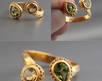 Citrin-Ring, Peridot-Ring, 18K zierlicher Goldring, Ringe mit mehreren Steinen, handgefertigter Schmuck, verstellbares Band, Edelsteinschmuck, minimalistischer Schmuck