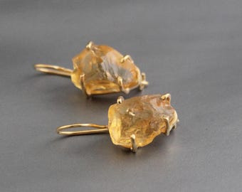 Raw Citrine Earrings: Sterling Silver, November Birthstone