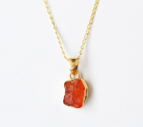 Raw Carnelian Necklace, Dainty Gold Necklace, Orange Color