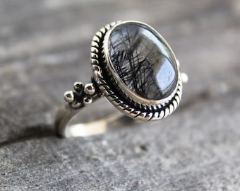 Black Rutile Quartz Ring, Oval Sterling Silver Gemstone Ring, Rutilated Quartz Ring, Handmade Gift for Her