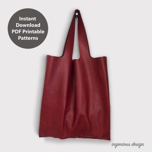 May include: A red leather tote bag with two handles. The bag is hanging from a hook. The text "Instant Download PDF Printable Patterns" is visible in the top left corner of the image.