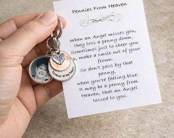 Memorial Gift • Memorial Keychain • Forever in my heart • Photo keychain • Pennies from Heaven keychain • Sympathy Gift • Loss of loved one