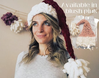Super Soft Luxury Santa Hat, Chunky Knit Santa Hat with Oversized Pom Pom, Colors - Classic Red & Soft Pink