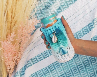 Expandable Drink Coozie in Aqua Ombre with Macrame, Turquoise, and Shell - fits skinny cans, beer cans, bottles, kombucha, and mason jars