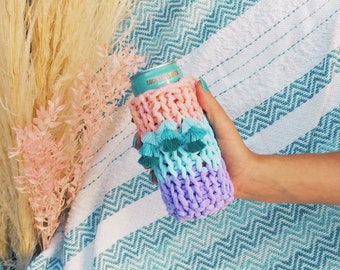 Expandable Drink Coozie with Tassels and Peach, Aqua, & Purple Colorblock - fits skinny cans, beer cans, bottles, kombucha, and mason jars