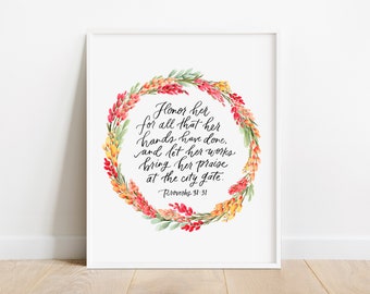Proverbs 31 Print, Mother's Day Gift, Proverbs 31 Wall Art, Watercolor Floral Scripture, Gift for Mom