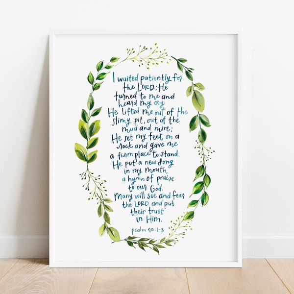 Psalm 40 Art Print, 8 x 10 Watercolor Greenery, Scripture Art Print, Psalm Art