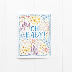 Sweet Baby Shower Card, Watercolor Baby Shower, Hand Painted Wildflowers, Cute Baby Celebration Card, Welcome Baby, Watercolor Card