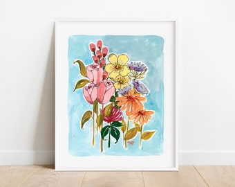 Blue Floral Art Print, Floral Watercolor Art Print, 8 x 10 Watercolor Print, Feminine Decor Art Print