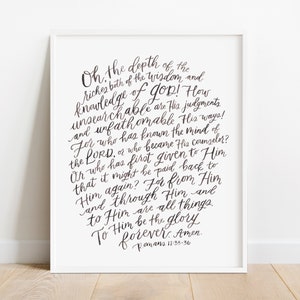 Romans 11 Art Print, Romans Bible Verse Art, Romans 11 Watercolor Lettering, 8 x 10 Romans Scripture Art