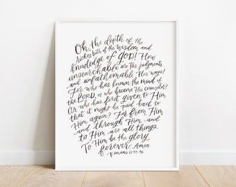 Romans 11 Art Print, Romans Bible Verse Art, Romans 11 Watercolor Lettering, 8 x 10 Romans Scripture Art