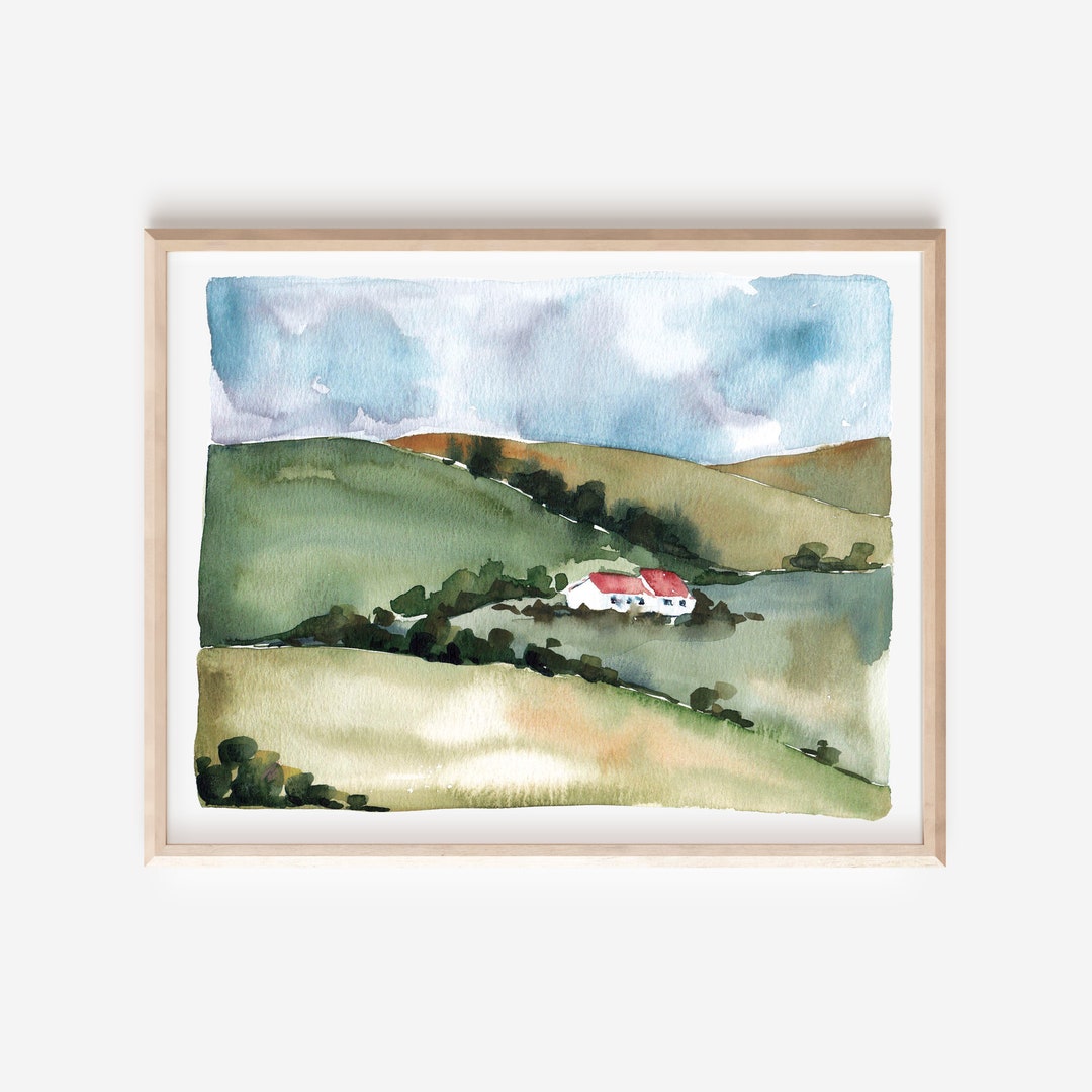 Hills of Ireland Art Print, Irish Countryside Painting, Watercolor