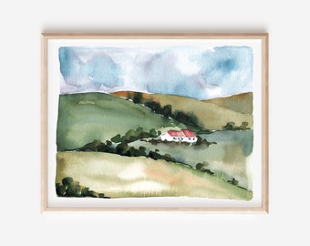 Hills of Ireland Art Print, Irish Countryside Painting, Watercolor Ireland Art, Irish Wall Art, Ireland Landscape Painting