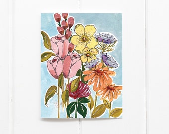 Watercolor Floral Greeting Card: Tulips and Daisies Bouquet