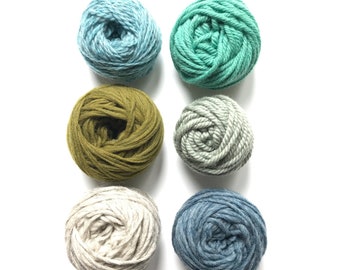 Wool Yarn Pack for Punch Needle/ Heather Sky/ Lake Green/ Dusty Sage/Denim Blue /Medium Grey/Deep Olive/ 6 x 1 oz Centre-Pull Pucks/ Group 8