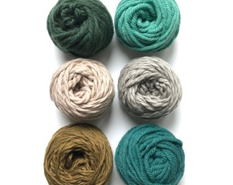 Wool Yarn Pack for Punch Needle/ Bay Leaf/ Forest Green/Seal Grey /Lake Green/Doe Grey/ Emerald Green 6 x 1 oz Centre-Pull Pucks/ Group 10