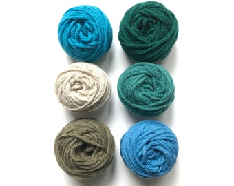 Yarn Pack for Punch Needle/ Olive, Soft Grey, Forest Green, Emerald Green, Marine Blue, Pacific Blue / 6 x 1 oz Centre-Pull Pucks/ Group 5