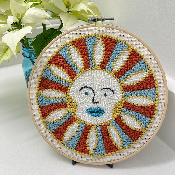 Ready to Punch! Just add yarn! Hand-drawn Sun /Mandala design on pre-prepared bamboo hoop w/ stretched monk's cloth. No yarn included