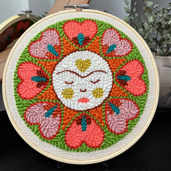 Ready to Punch! Just add yarn! Hand-drawn Sun /Mandala design on pre-prepared bamboo hoop w/ stretched monk's cloth. No yarn included