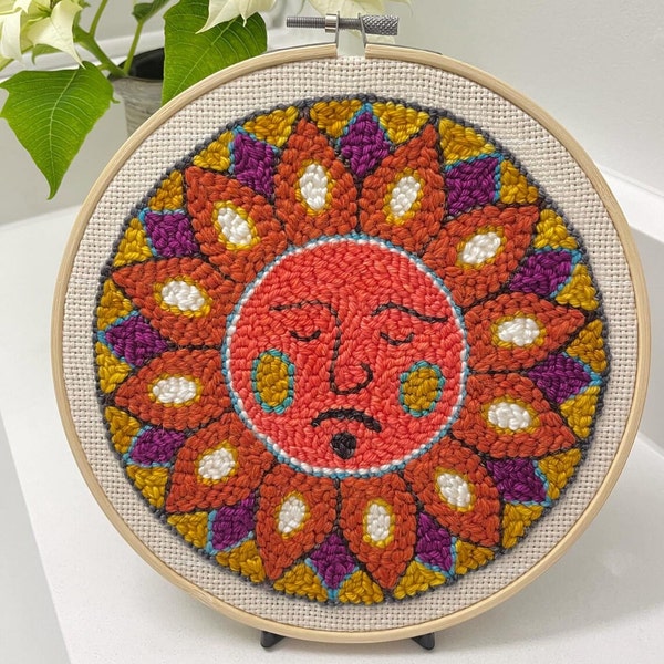 Ready to Punch! Just add yarn! Hand-drawn Sun /Mandala design on pre-prepared bamboo hoop w/ stretched monk's cloth. No yarn included