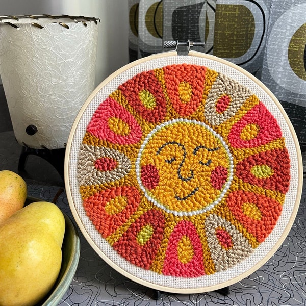 Ready to Punch! Just add yarn! Hand-drawn Sun /Mandala design on pre-prepared bamboo hoop w/ stretched monk's cloth. No yarn included