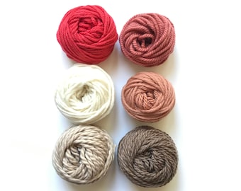 Yarn Pack for Punch Needle/ Natural White, Cherry Red, Copper Pink, Lt Copper, Seal Brown, Doe / 6 x 1 oz Centre-Pull Pucks/ Group 2