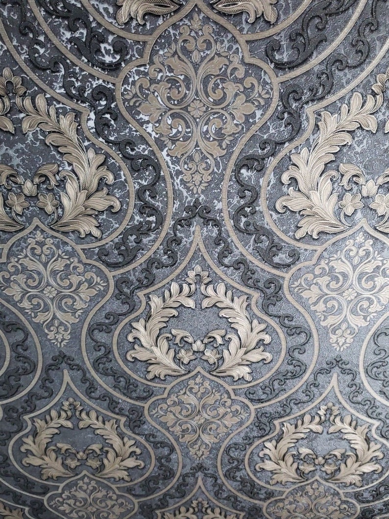 Tapeten Wallpaper Victorian Damask Charcoal Grey Black Bronze Metallic Textured Embossed Heimwerker