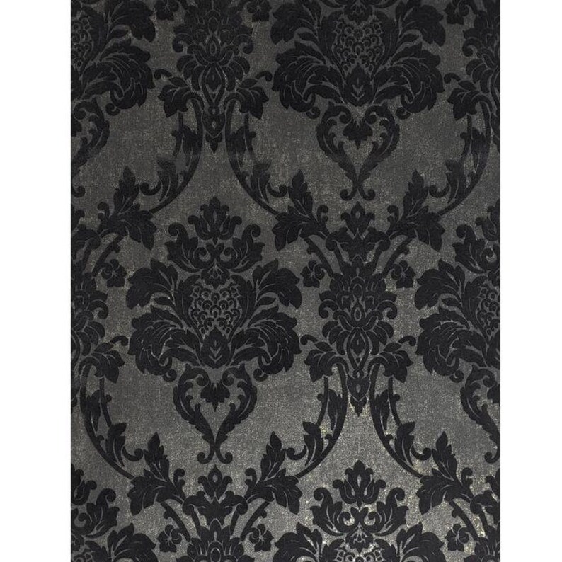 Wallpaper flocking charcoal black Gold Metallic Flocked Etsy