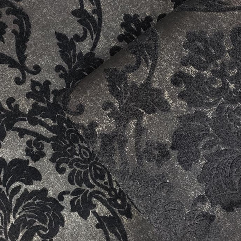 Wallpaper flocking charcoal black Gold Metallic Flocked Etsy