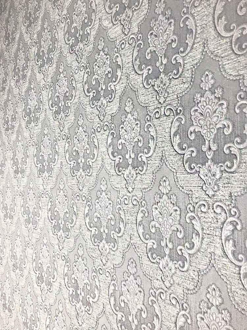350910 White grey Damask textured Vinyl Wallpaper Etsy