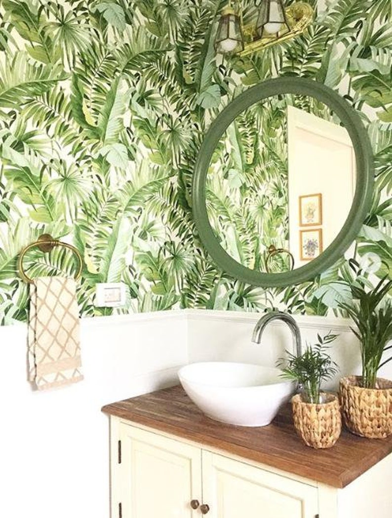 Tropical Fun Palm Leaves Banana Leaf Green White Floral ...