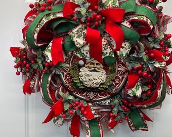 Christmas Santa Holly and Berry Wreath
