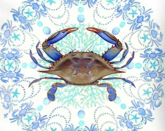 May include: A blue crab with red claws is centred in a mandala design. The mandala is made up of blue crabs, starfish, and dots on a white background.
