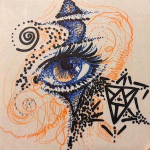 May include: An abstract drawing of a blue eye with long lashes and an orange iris, surrounded by orange swirls, black dots, and a geometric shape on a white background. The artwork has a sketch-like quality, with a focus on detail and line work.