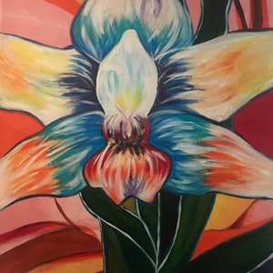 Peut inclure: Peinture en gros plan d'une orchidée aux couleurs vives. La fleur présente des pétales blancs, bleus, jaunes et oranges avec un centre rouge et violet. Le fond est un mélange de rose, de rouge et de vert, créant un contraste saisissant.